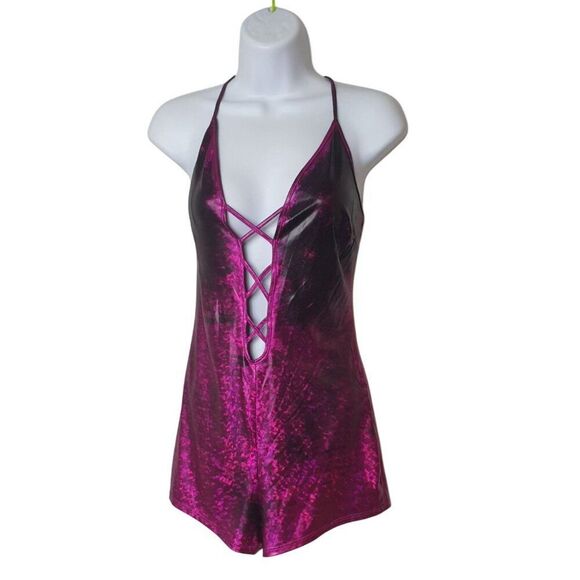 Bear Dance Romper L Pink Crushed Shiny Metallic Lace-Up Front Cross-Back Straps - Picture 1 of 6
